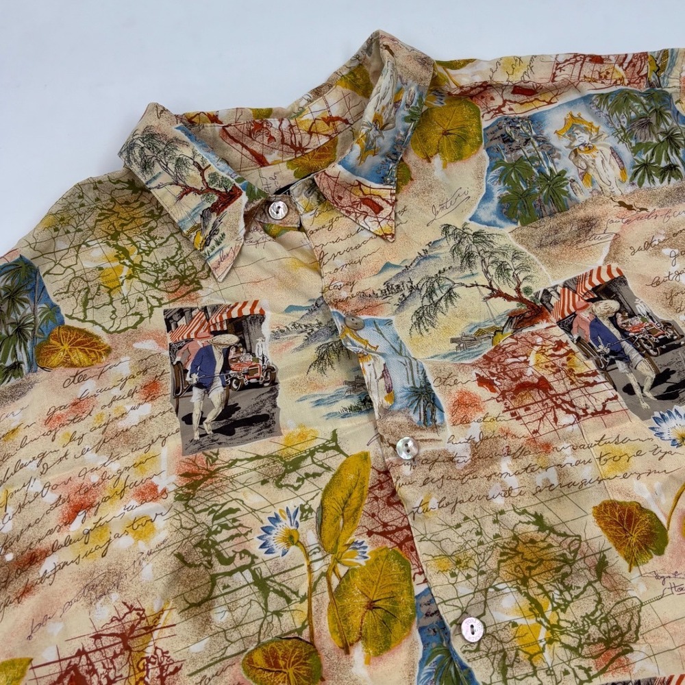Tori Richard Men's 3XB Aloha Postcard Map Tropical Print Button Up Tan Shirt